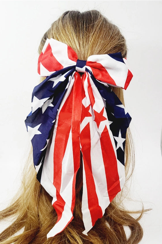 American Flag Long Tail Hair Bow Clip